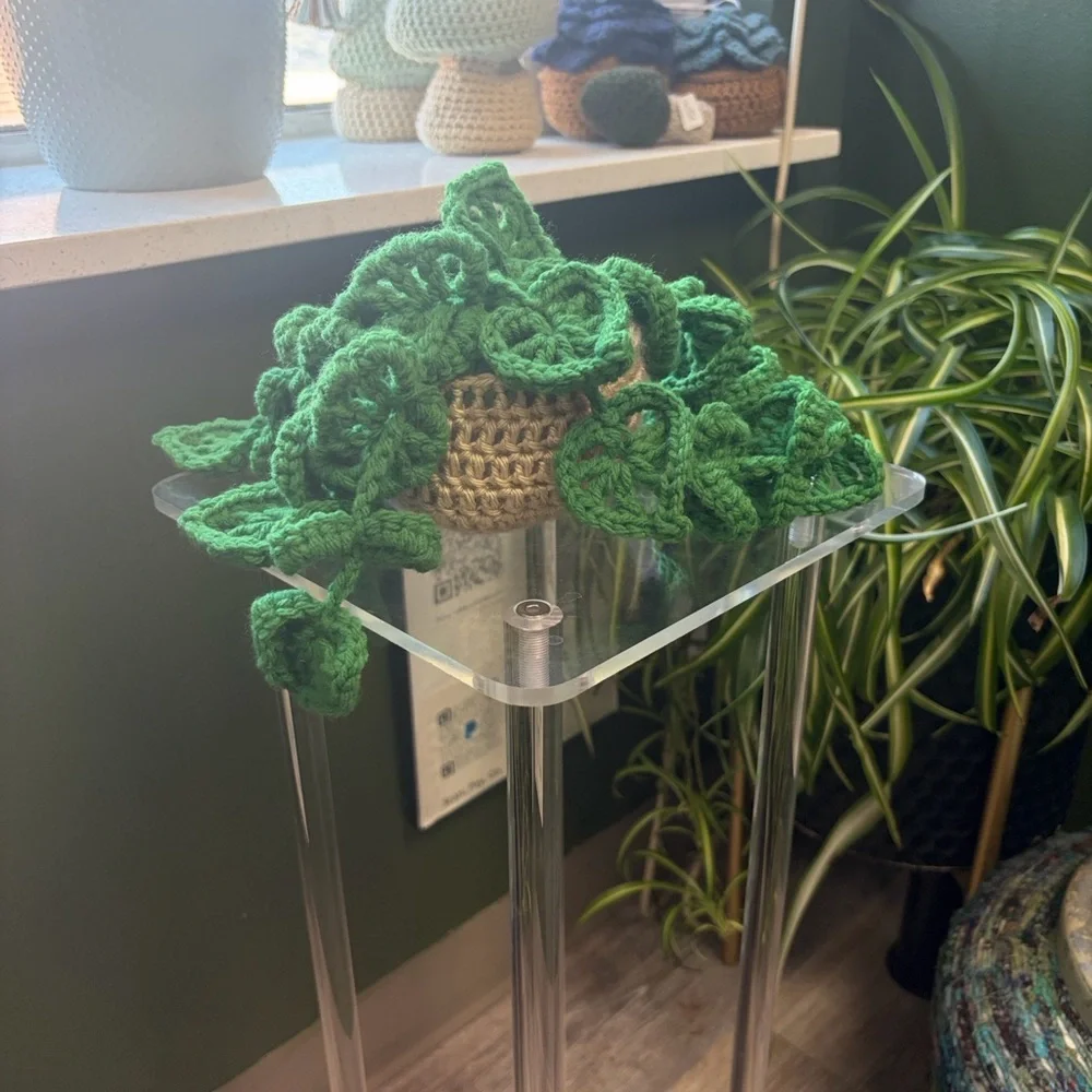 Handmade Green Crochet Hanging Plant Accent - Home Accents
